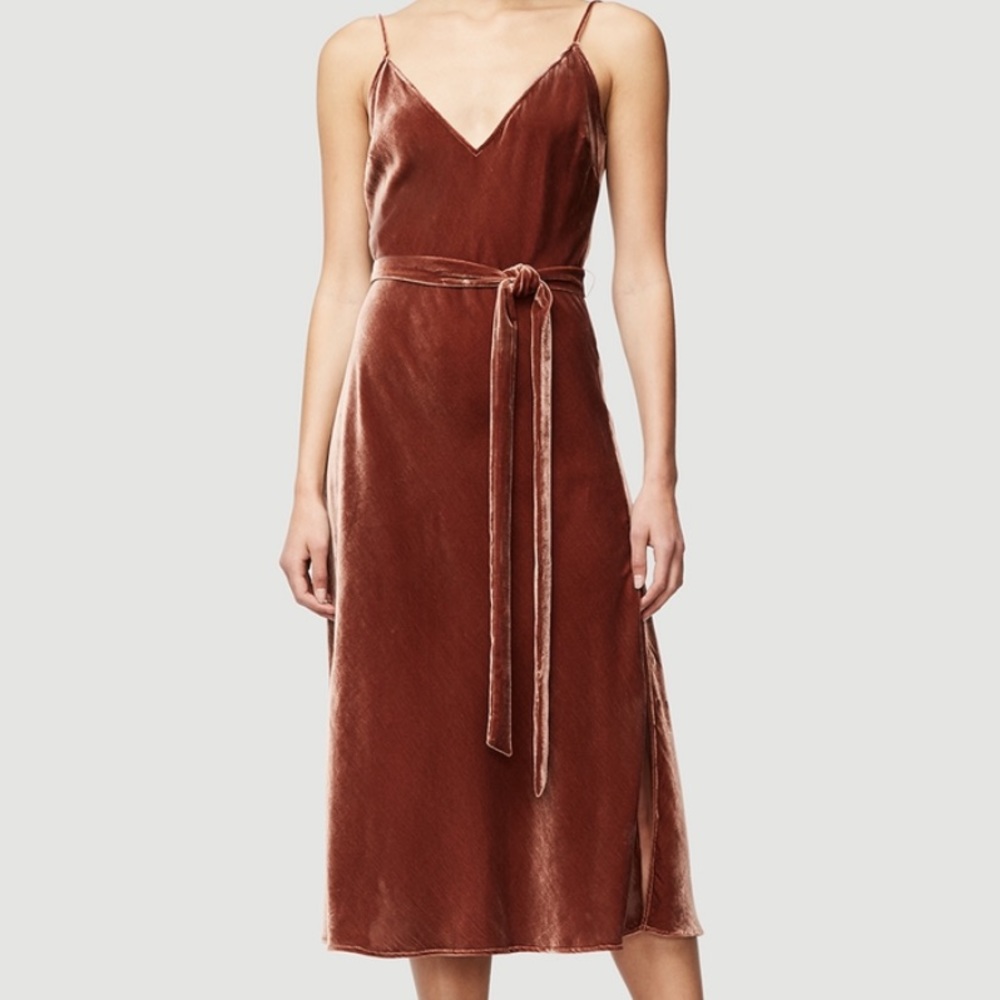 FRAME rust velvet slip dress with tie